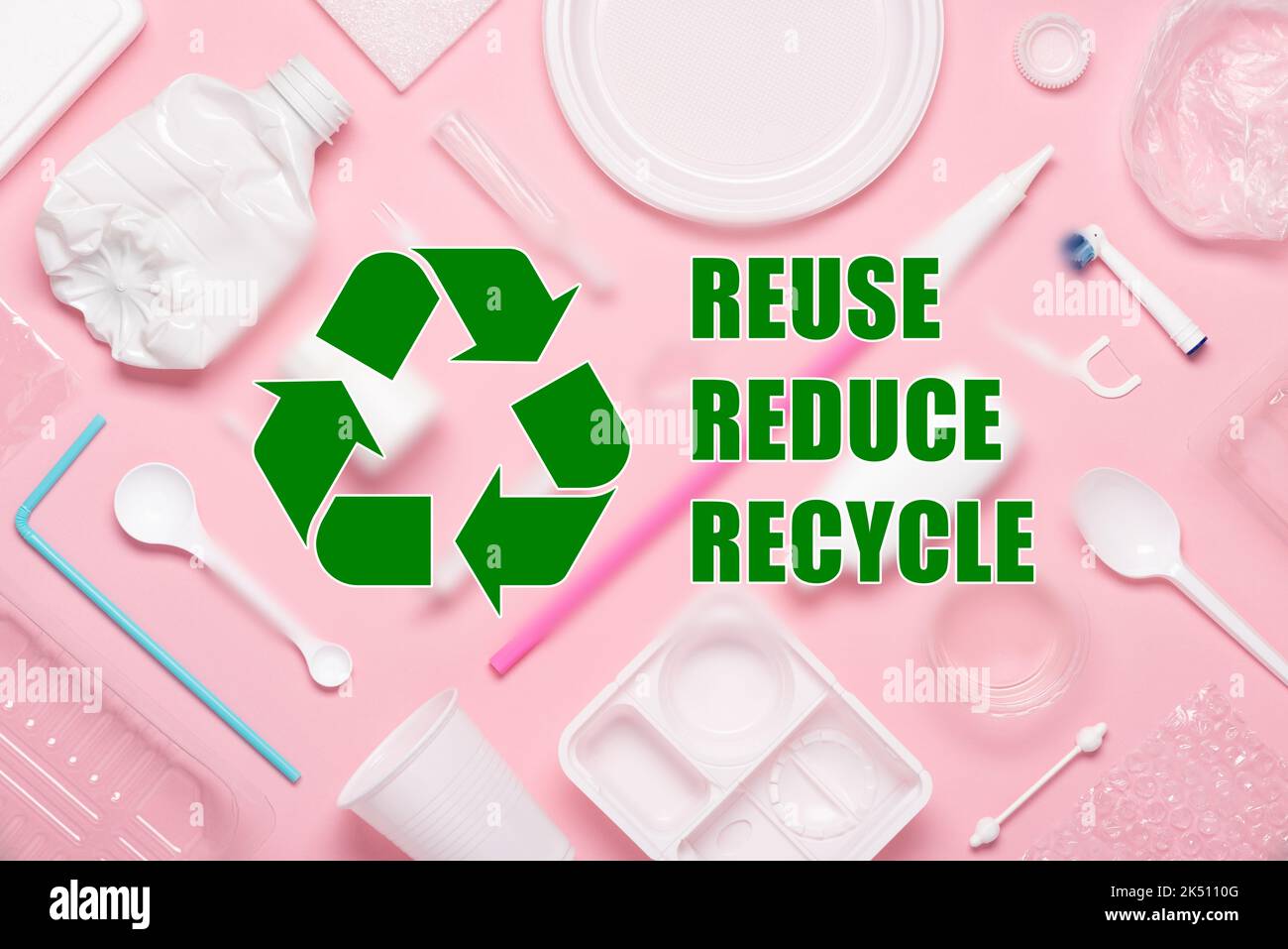 Plastics with recycling symbol and reuse reduce recycle text Stock Photo