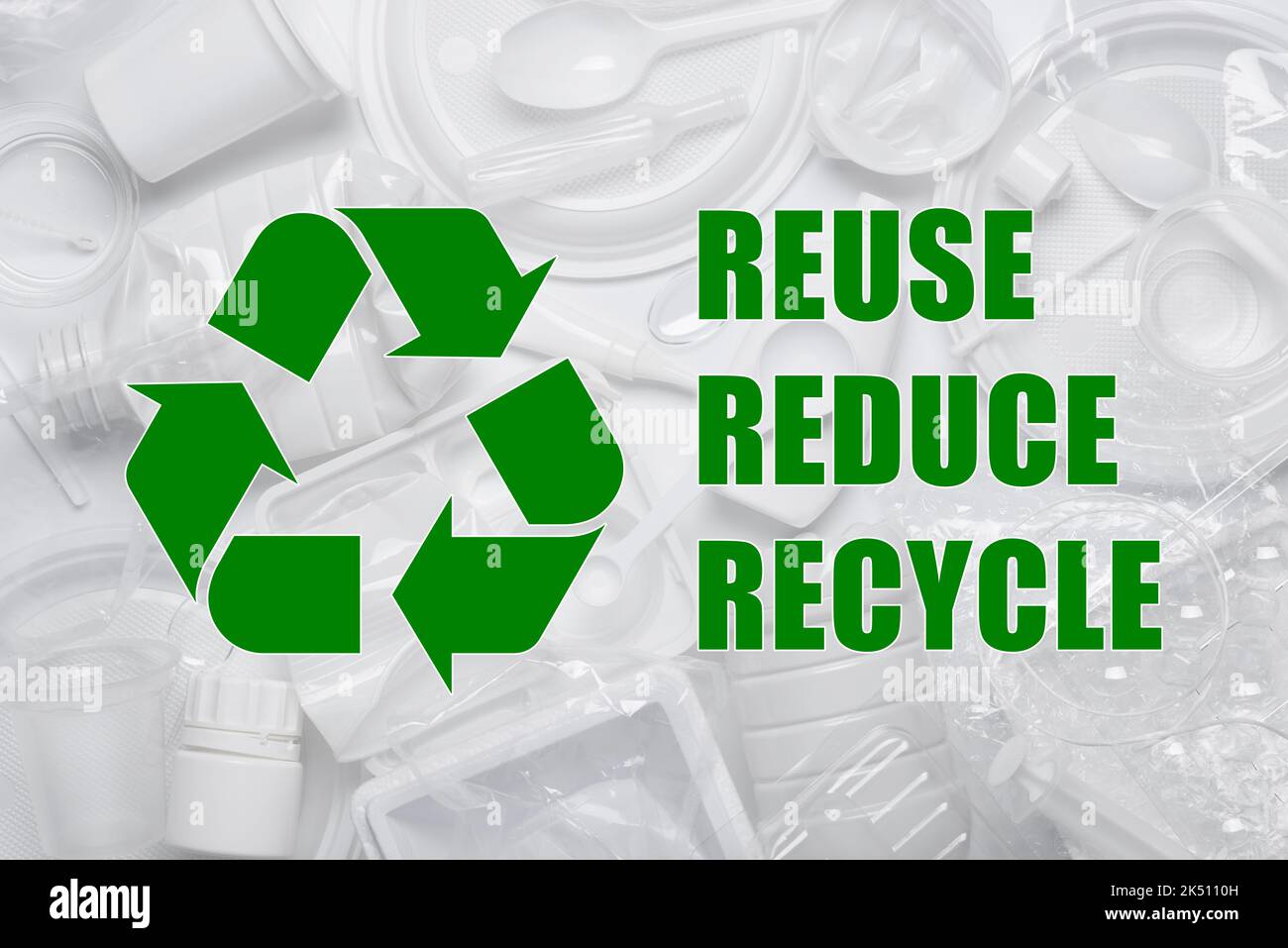 Single  use plastic products with recycling symbol and reuse reduce recycle text Stock Photo