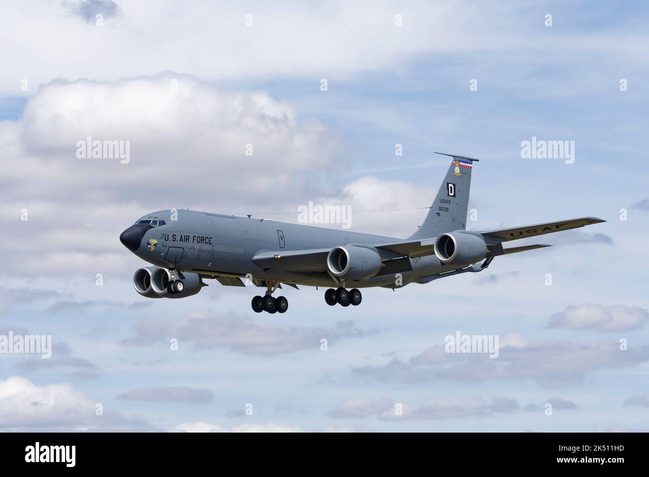 United States Air Force Boeing KC-135 Stratotanker Aircraft arrives at RAF Fairford in Gloucestershire England to participate in the RIAT Stock Photo