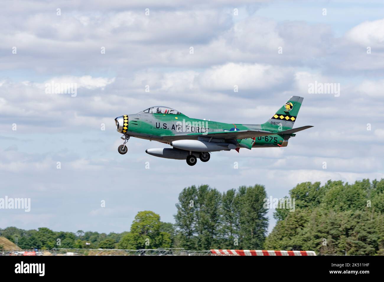 Mistral Aviation's immaculate North American F-86 Sabre heritage fighter jet arrivesat RAF Fairford in Gloucestershire England to participate at RIAT Stock Photo