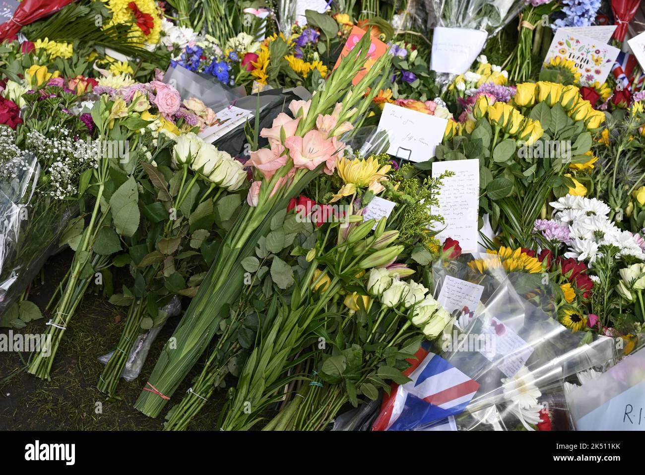 Floral tributes laid by members of the public following the death of