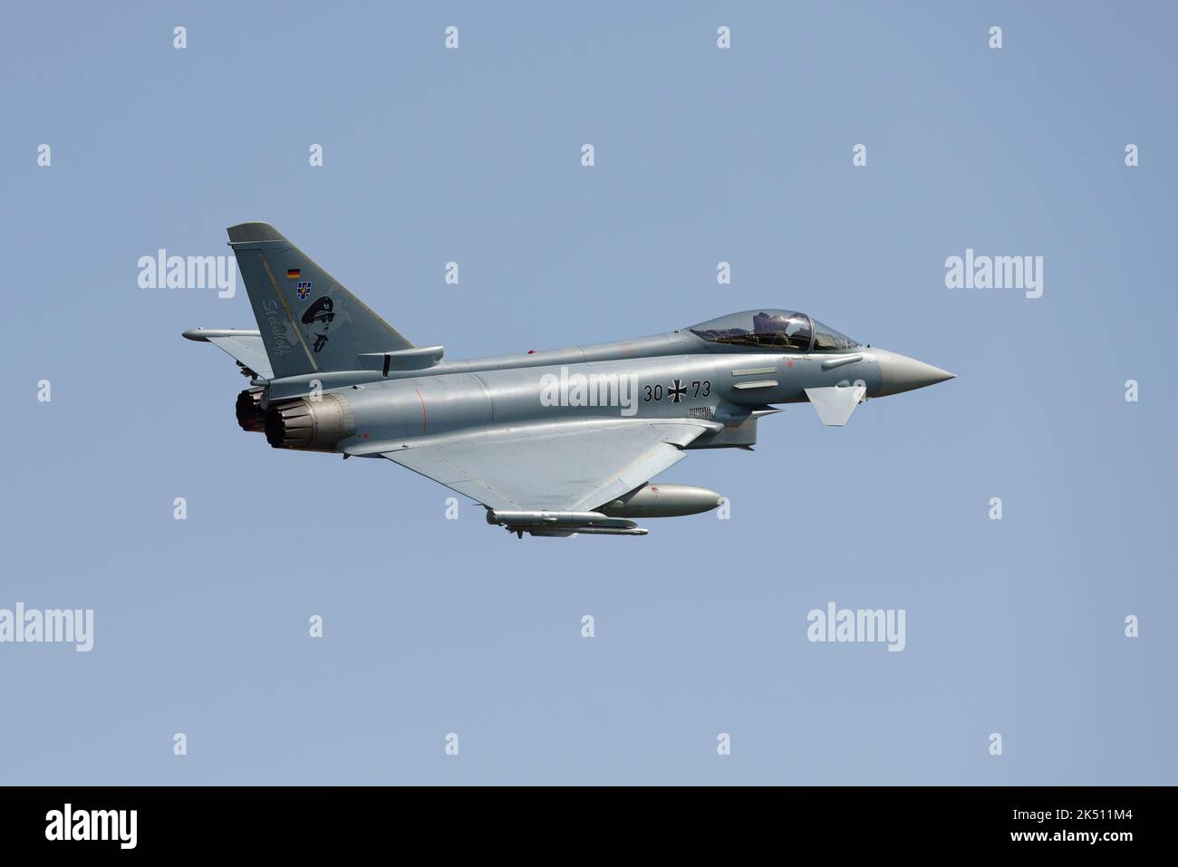 German Luftwaffe Eurofighter EF2000 Fighter Jet 3073 departs RAF Fairford in England after participating in the Royal International Air Tattoo Stock Photo
