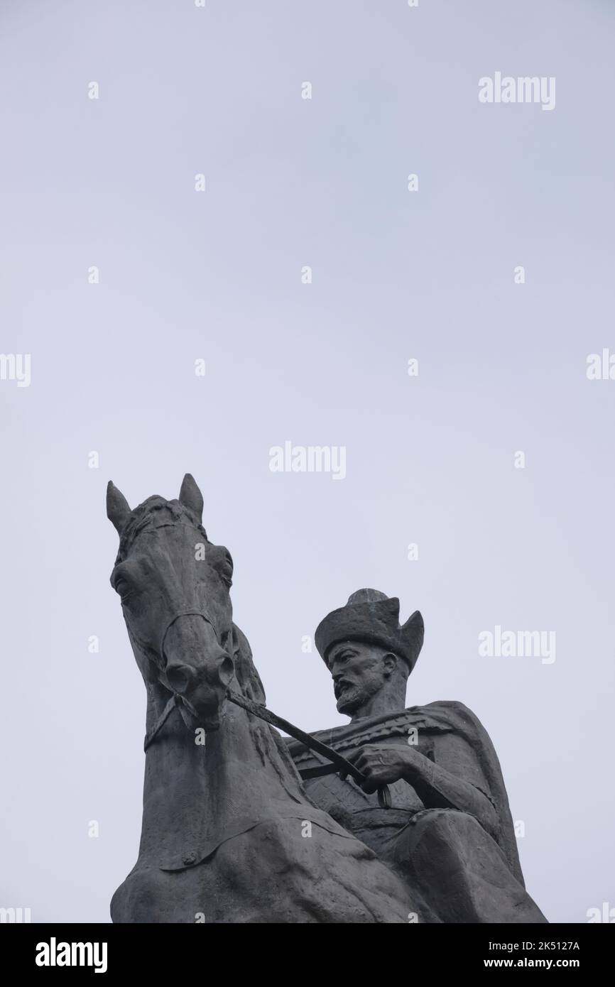 A bronze statue of Kenesary Khan on a horse. He was the last Kazak Khan