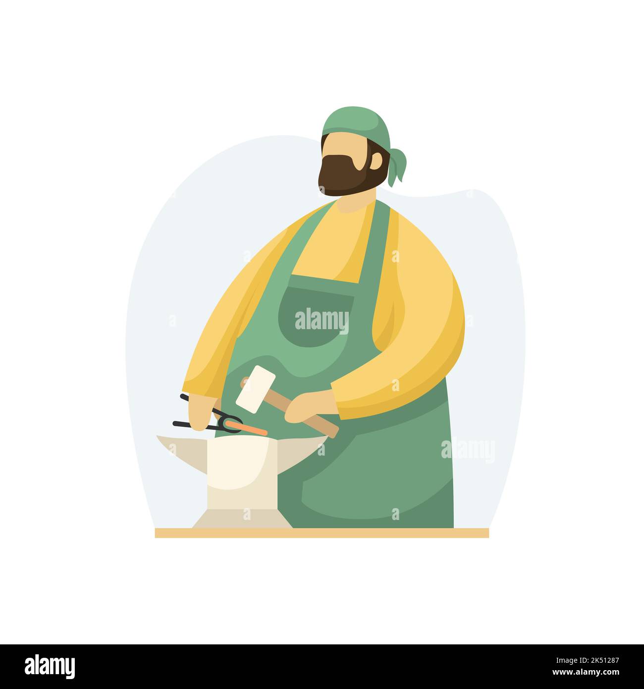 Vector illustration of a blacksmith with a hammer, tongs and an anvil. Profession. Flat style Stock Vector