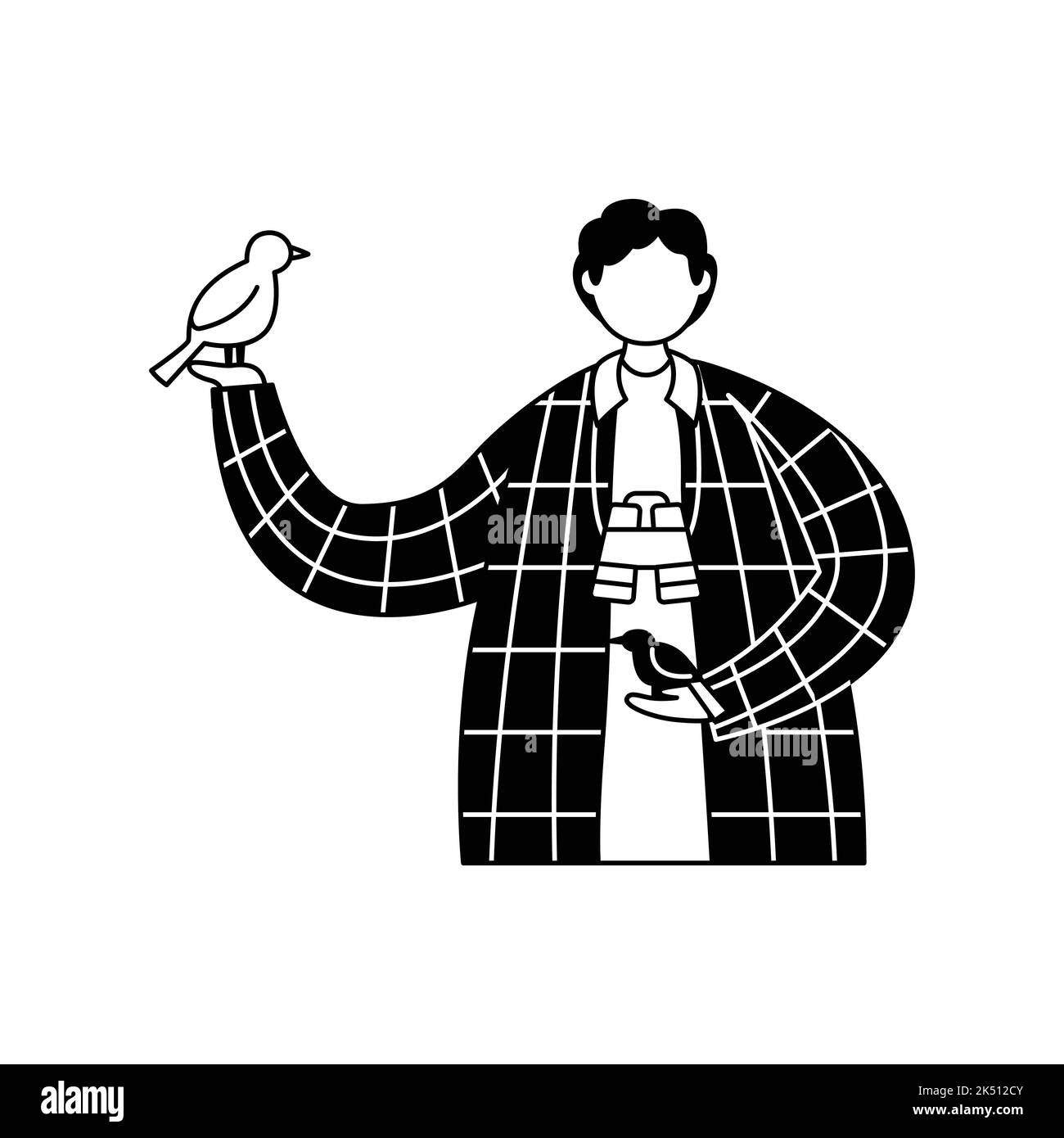Vector illustration of an ornithologist with birds in his hands and binoculars around his neck. Profession. Outline Stock Vector