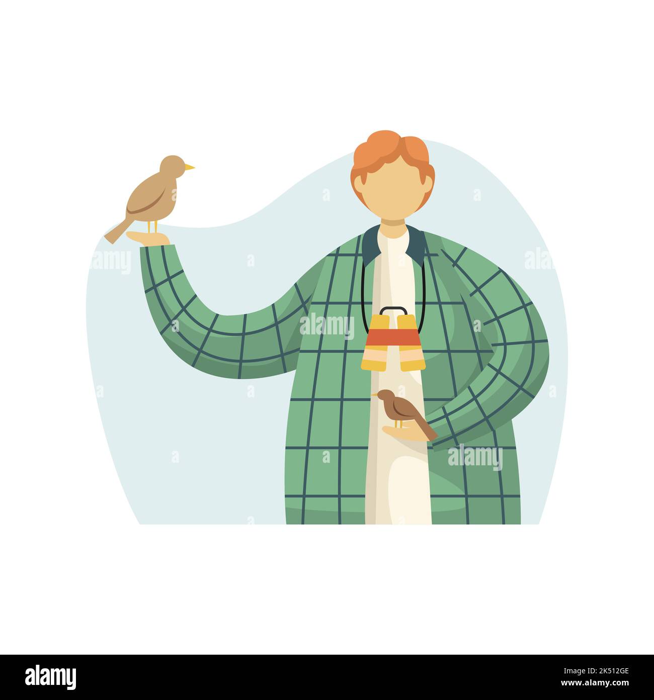 Vector illustration of an ornithologist with birds in his hands and binoculars around his neck. Profession. Flat style Stock Vector