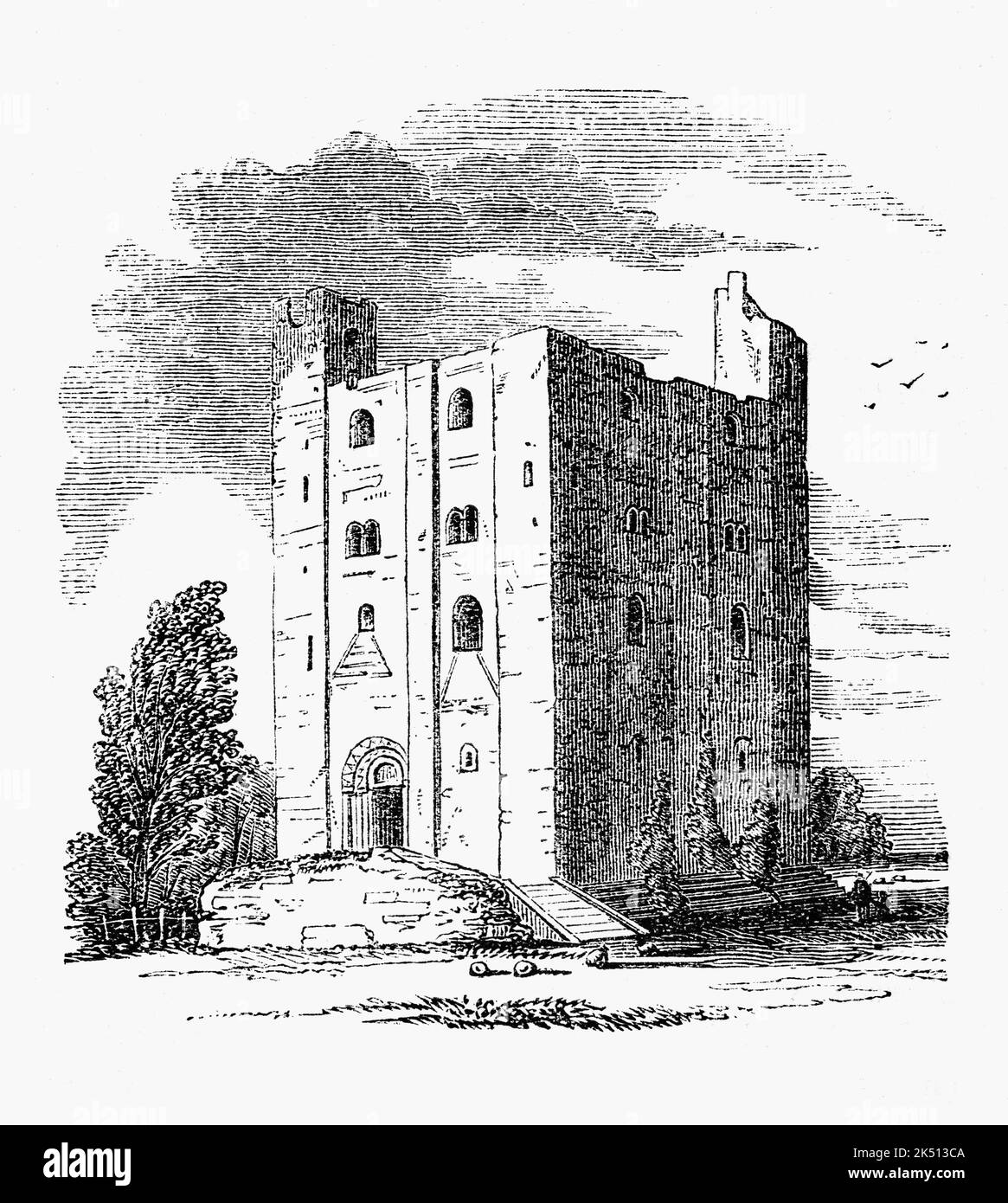 Hedingham Castle, in the village of Castle Hedingham, Essex, is arguably the best preserved Norman keep in England. The castle may occupy the site of an earlier castle believed to have been built in the late 11th or early 12th century by Aubrey de Vere I, a Norman baron. Matilda, wife of King Stephen, died at Castle Hedingham on 3 May 1152. The castle was besieged twice, in 1216 and 1217, during the dispute between King John, rebel barons, and the French prince. Stock Photo