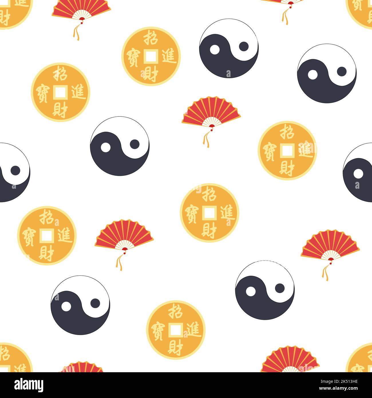 Chinese seamless pattern with feng shui chinese coin with hole, yin-yang, fan, paper lantern. Stock Vector