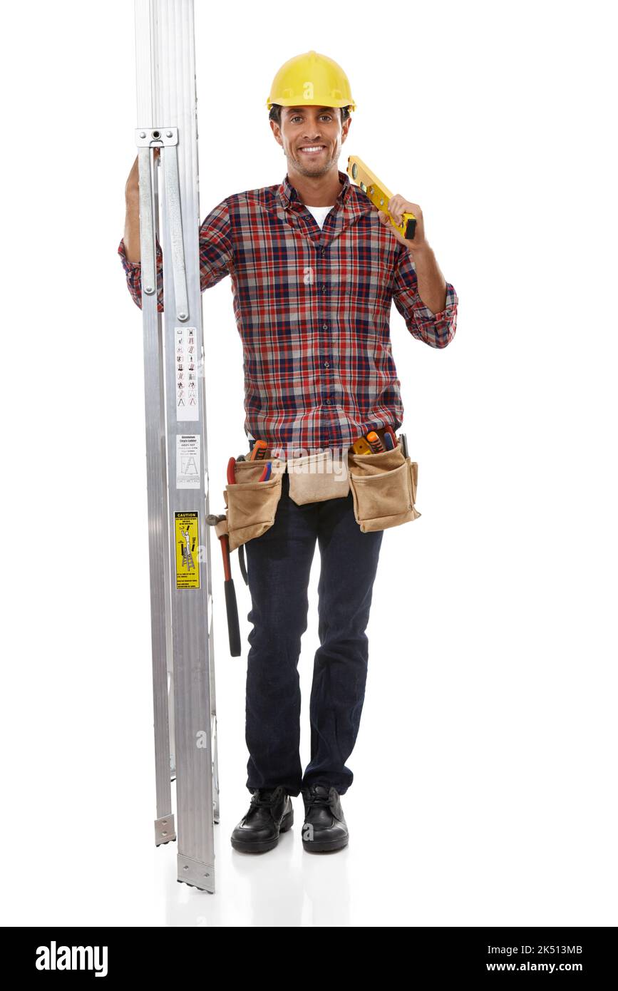 Everybody needs a handyman. a handyman holding his ladder Stock Photo