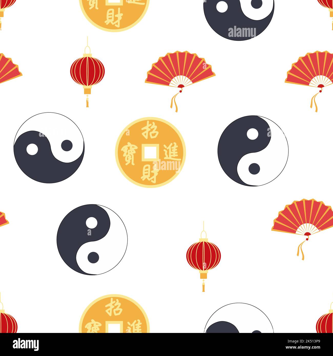 Chinese seamless pattern with feng shui chinese coin with hole, yin-yang, fan, paper lantern. Stock Vector