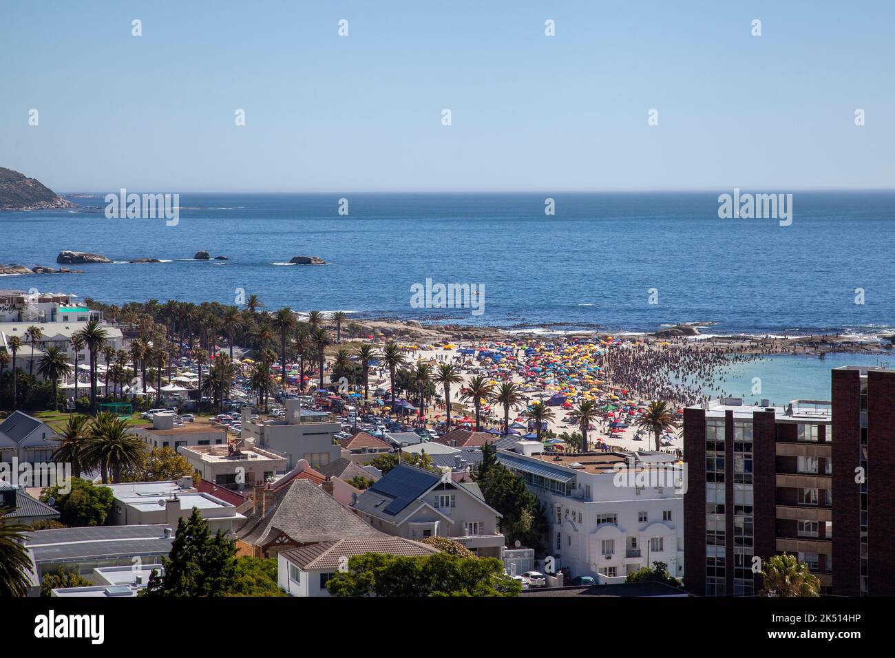 Buildings alongside Camps Bay Beach , Cape Town - South Africa Stock Photo