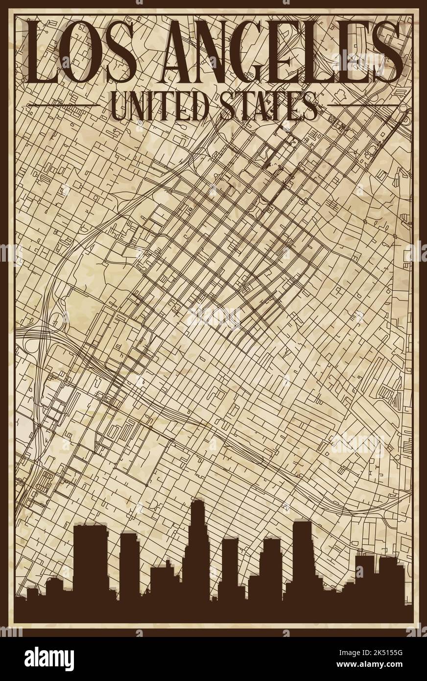 Hand drawn downtown streets network - Hand Drawn Downtown Streets Network Printout Map Of Los Angeles United States Of America 2K5155G 