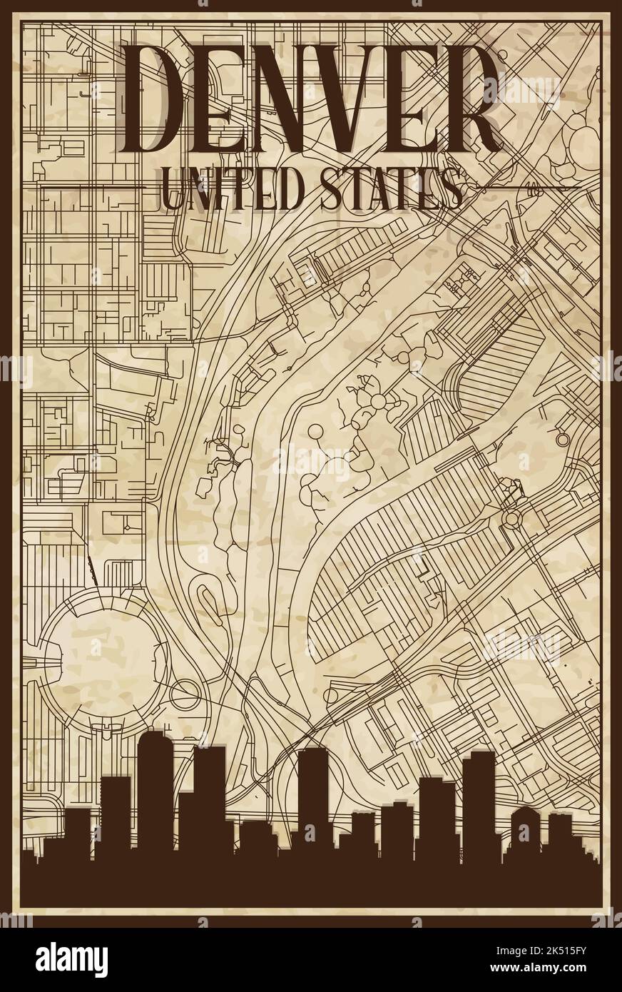 Hand drawn downtown streets network - Hand Drawn Downtown Streets Network Printout Map Of Denver United States Of America 2K515FY 