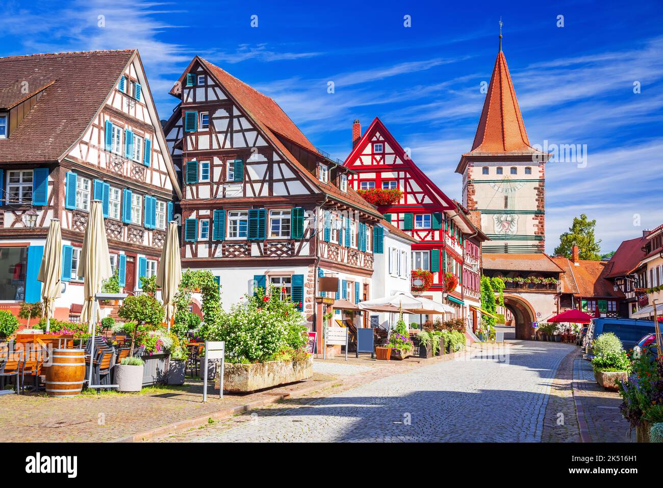 Gengenbach, Germany - Famous beautiful small town in Schwarzwald (Black Forest), Baden Wurttemberg land. Historical downtown and Obertorturm gate. Stock Photo