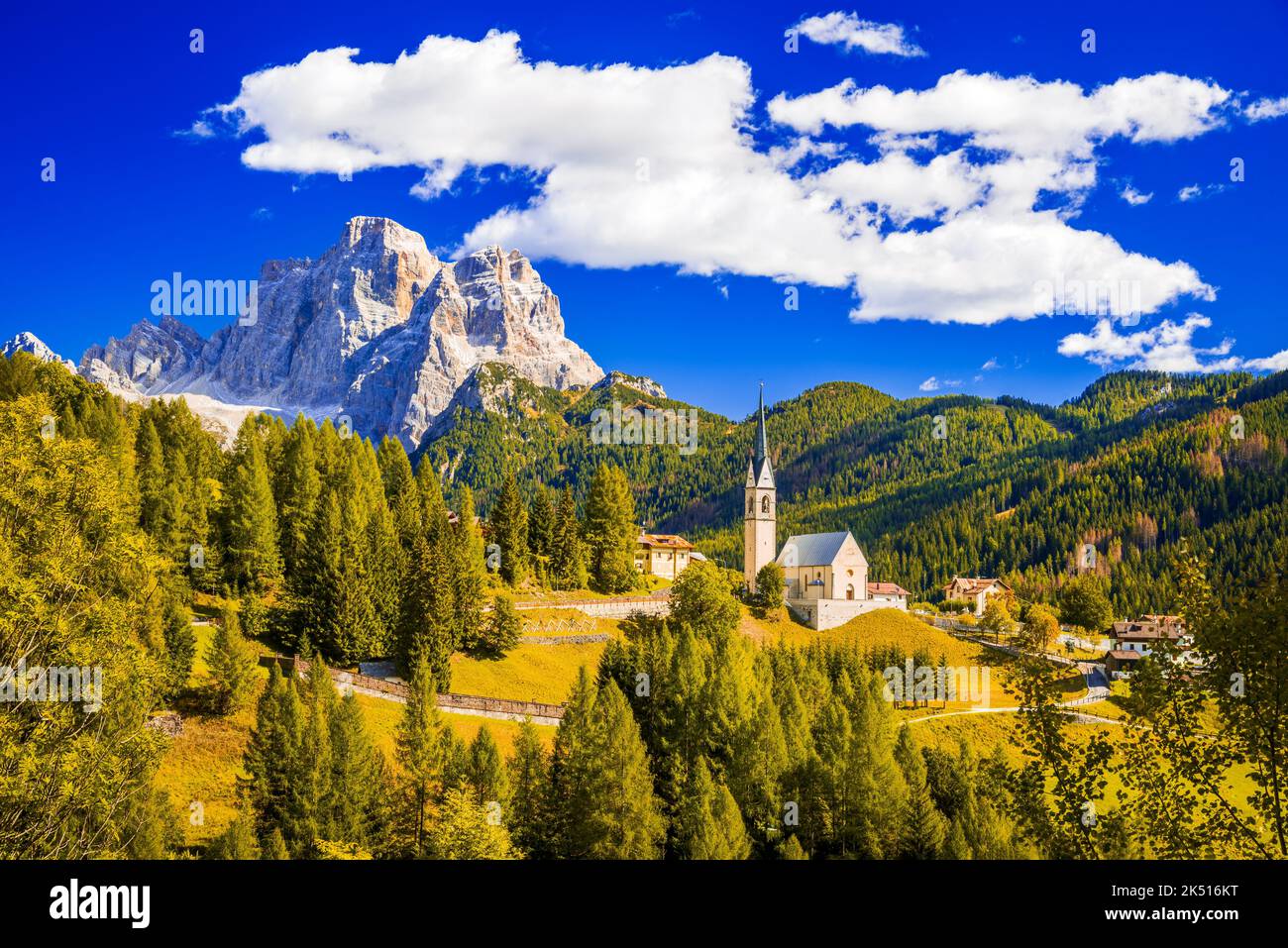 Selva di Cadore, Dolomites. Beautiful famous landscape with the church and Mount Pelmo, Belluno region of Italy. Stock Photo