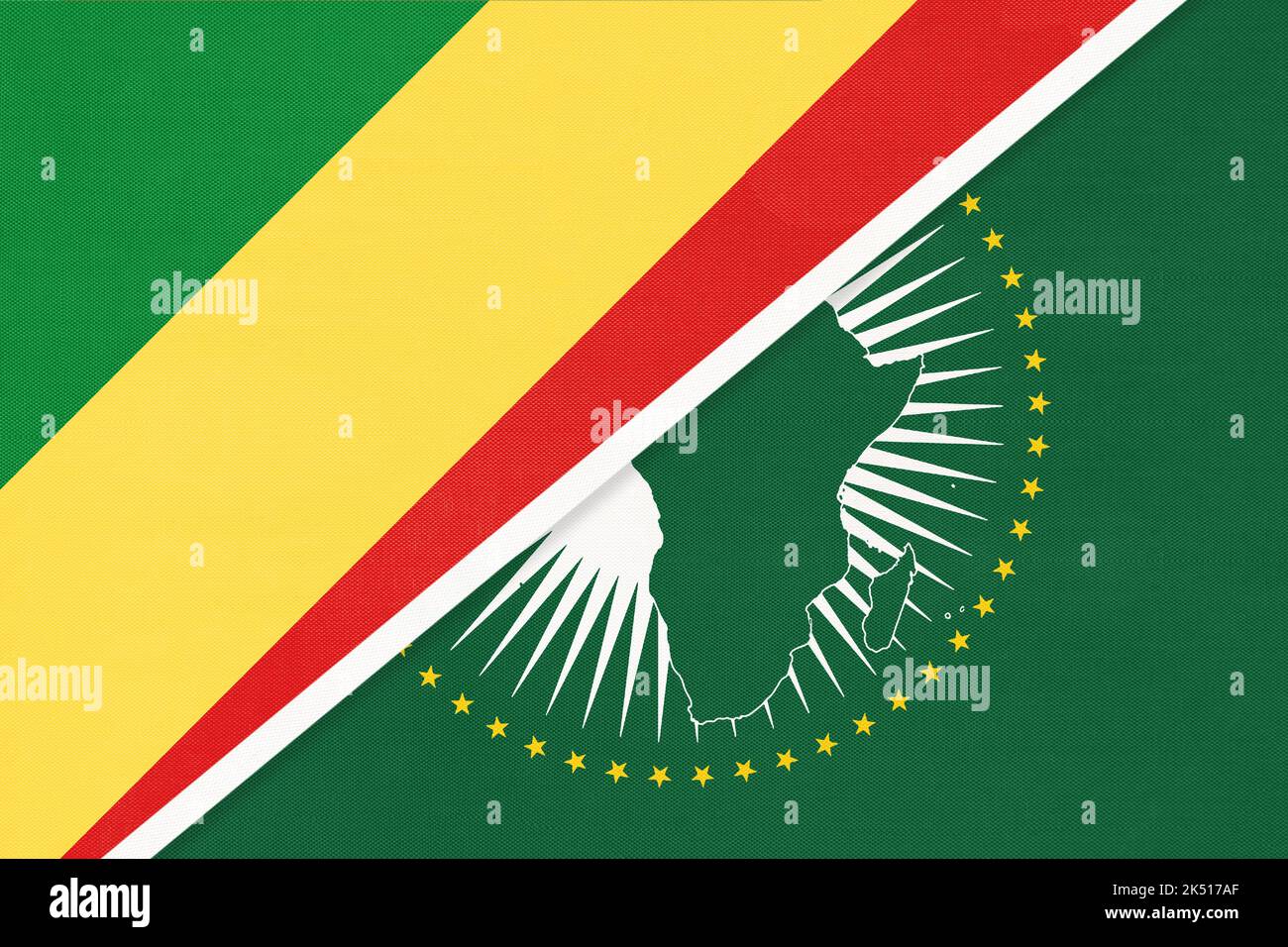 African Union and Congo or CongoBrazzaville national flag from textile. Africa continent vs