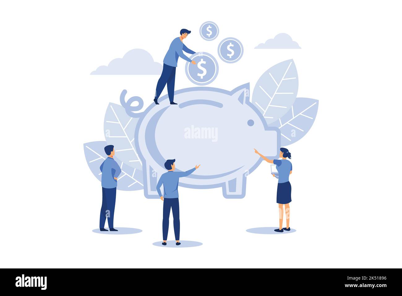 Financial management - flat design style colorful illustration on white background. Composition with male, female characters putting coins into a pigg Stock Vector