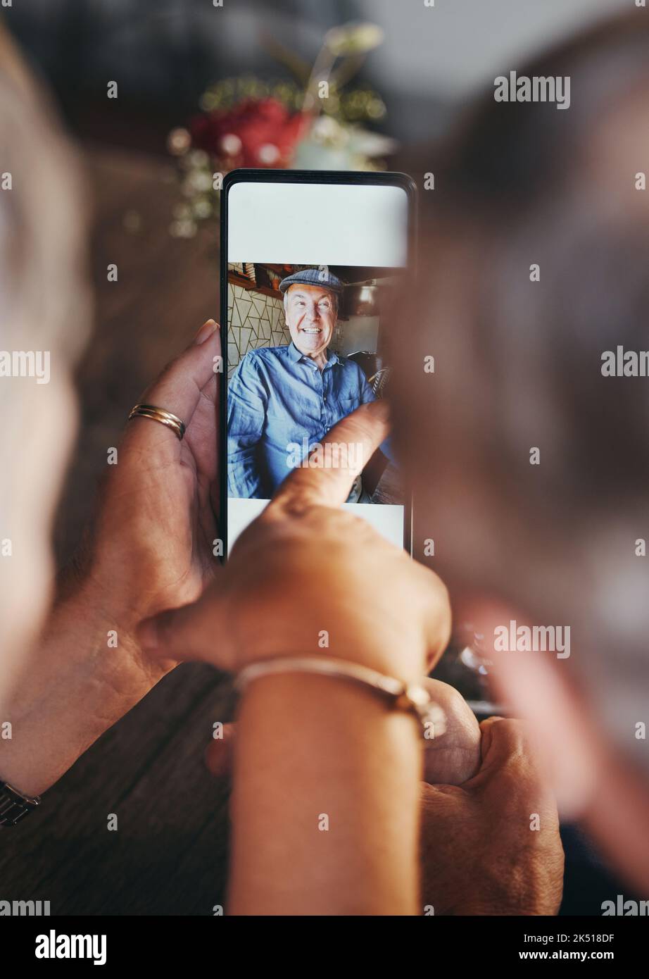 Love, memory and couple with phone picture to remember romantic date ...
