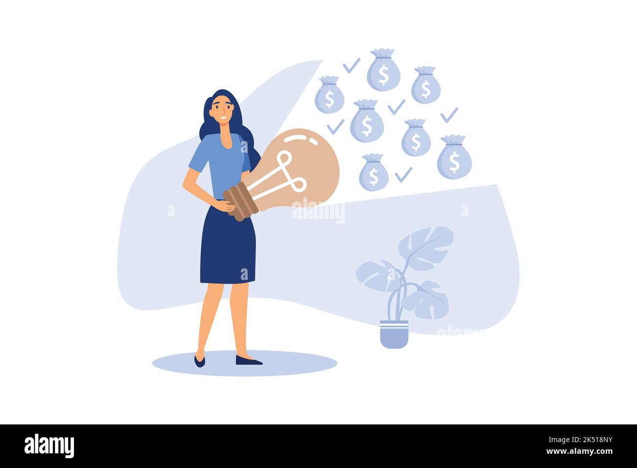 Businesswoman with powerful light bulb glow to money, flat vector illustration Stock Vector