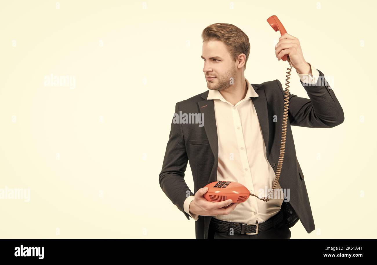 Dont drop the call. Businessman hold telephone receiver. Using vintage