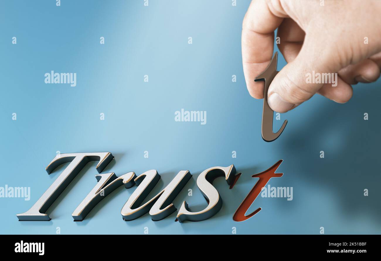 Hand holding the letter t and building trust word. Trustworthy partner or partnership concept. Composite image between a 3d illustration and a photogr Stock Photo