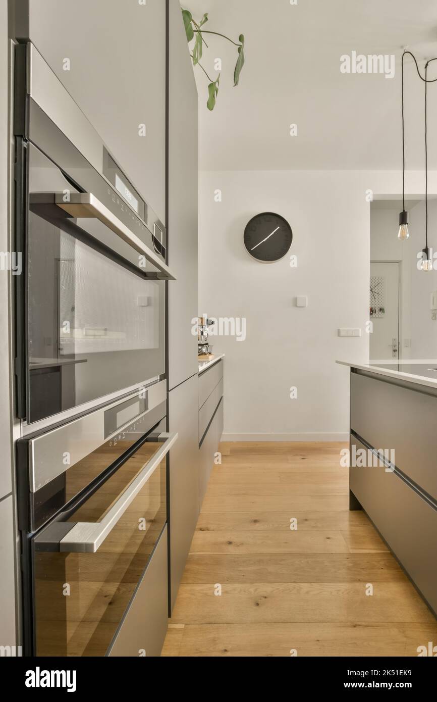 Modern built in ovens installed into gray cupboards behind counter in