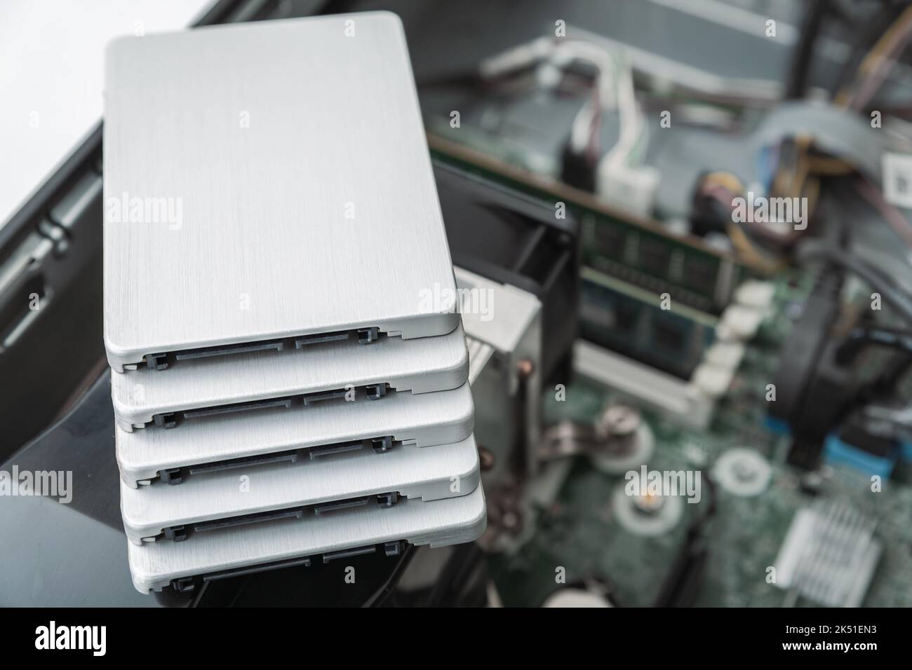 Closed-up view of SSD hard disk drives on top of business desktop PC Stock Photo