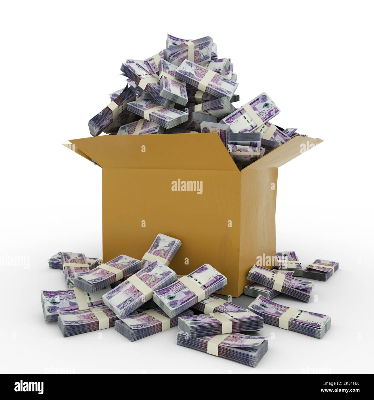 3d rendering of cardboard box full of Ethiopia birr notes isolated on a