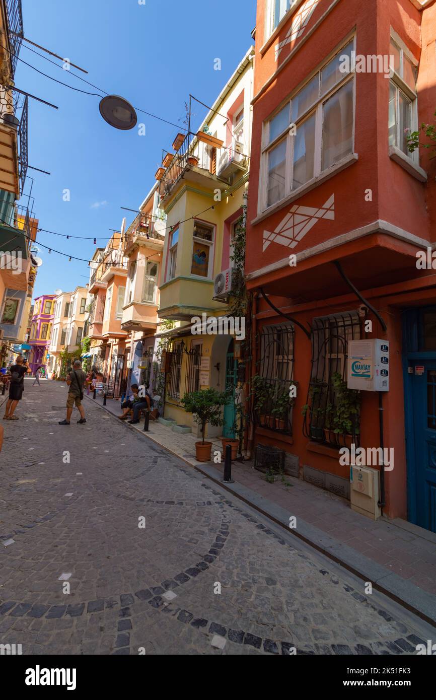 A street in Fener district of Istanbul. Traditional Turkish houses. Istanbul Turkey - 8.20.2022 Stock Photo