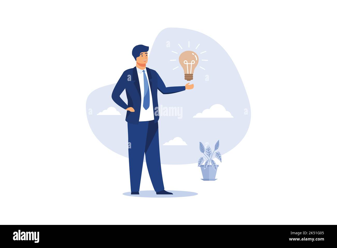 Positive thinking, optimistic mindset or good attitude to success in work, happy businessman holding smiling lightbulb idea with positive vibes around Stock Vector