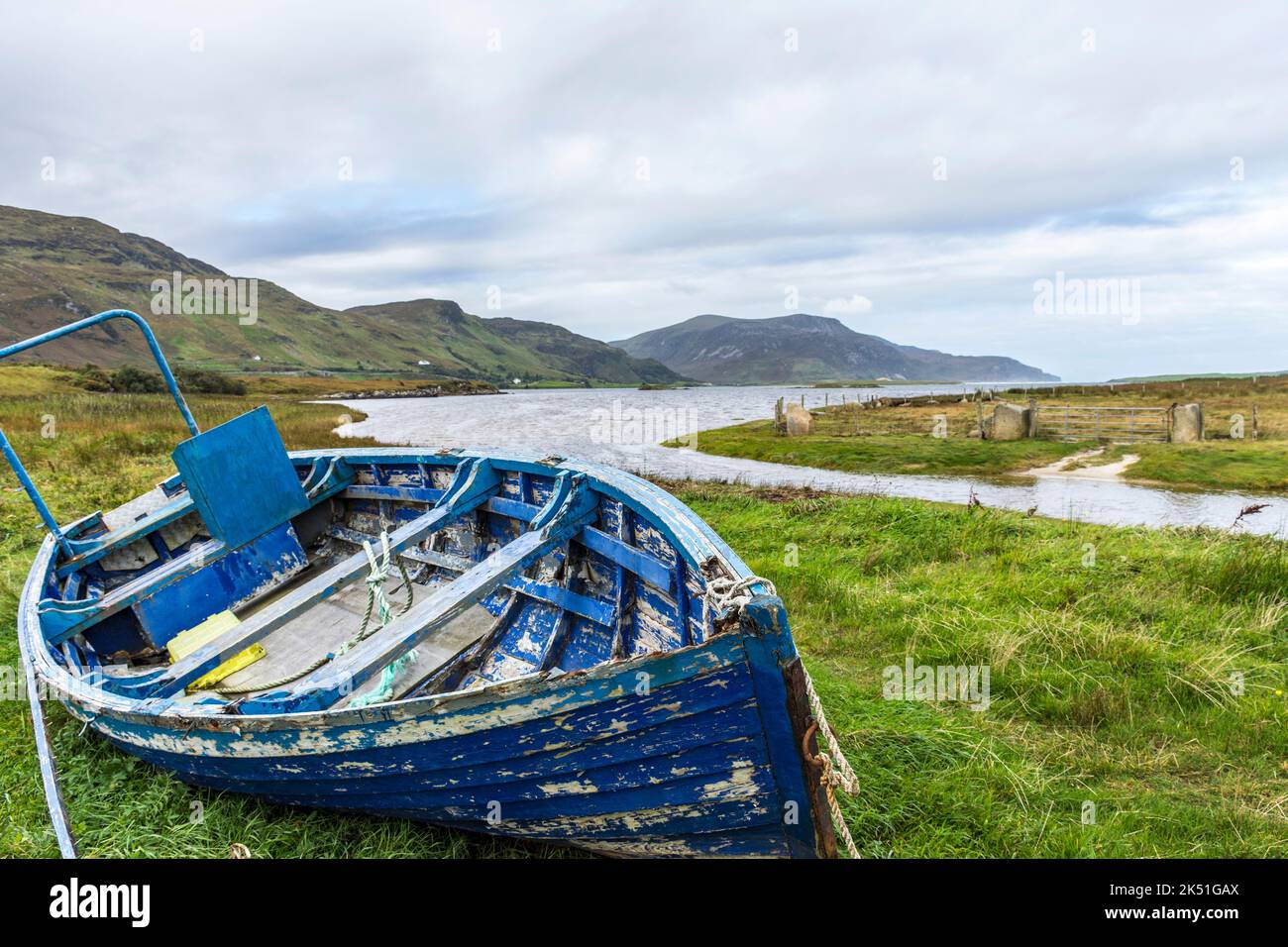 Old inshore shell fishing boat on Wild Atlantic Way coast near Ardara, County Donegal, Ireland Stock Photo