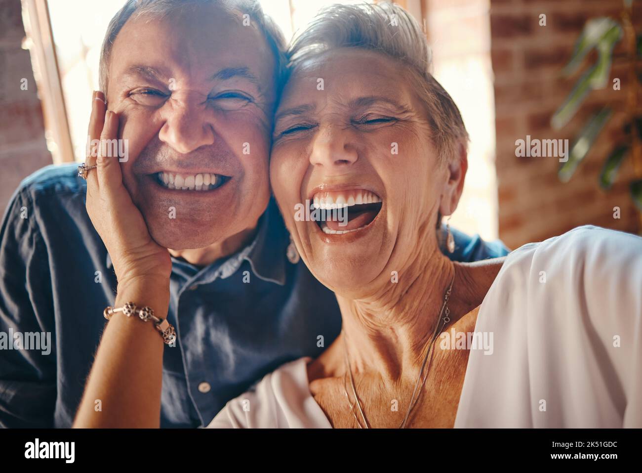 Happy senior couple, funny selfie portrait in retirement and embrace marriage lifestyle on Rome holiday. Woman show teeth with smile, comic man laugh Stock Photo