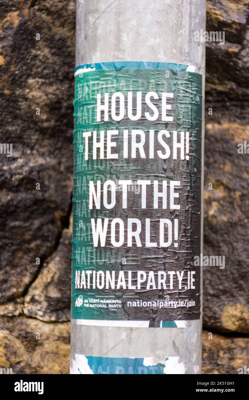 National Party protest poster against the housing for Ukrainian refugees at the expense of homeless Irish citizens. County Donegal, Ireland. Stock Photo