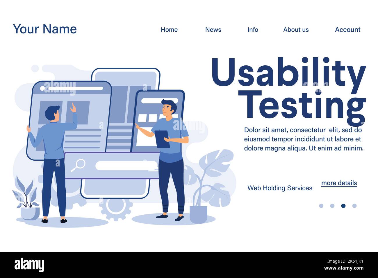 Illustration vector Usability testing concept landing page with the young man is testing the interface usability of website and application. Suitable Stock Vector