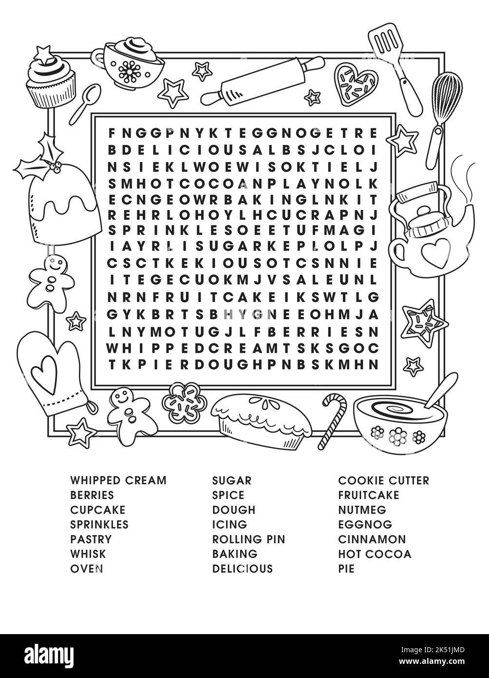 Kitchen Holiday Baking Word Search Activity Page Stock Photo