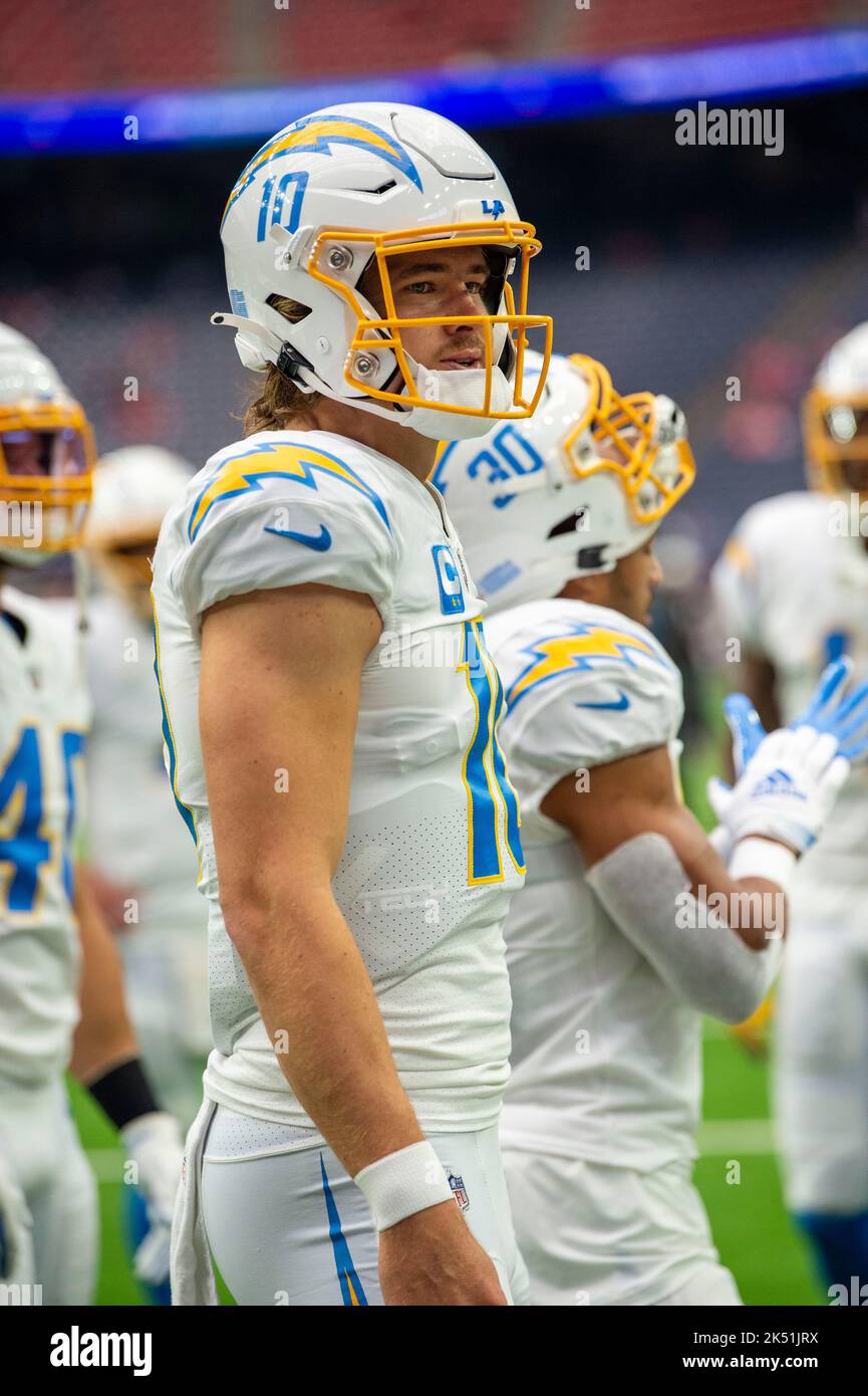 Los Angeles Chargers' Justin Herbert smiles as he warms up before an NFL  football game against the Houston Texans Sunday, Dec. 26, 2021, in Houston.  (AP Photo/Eric Christian Smith Stock Photo - Alamy