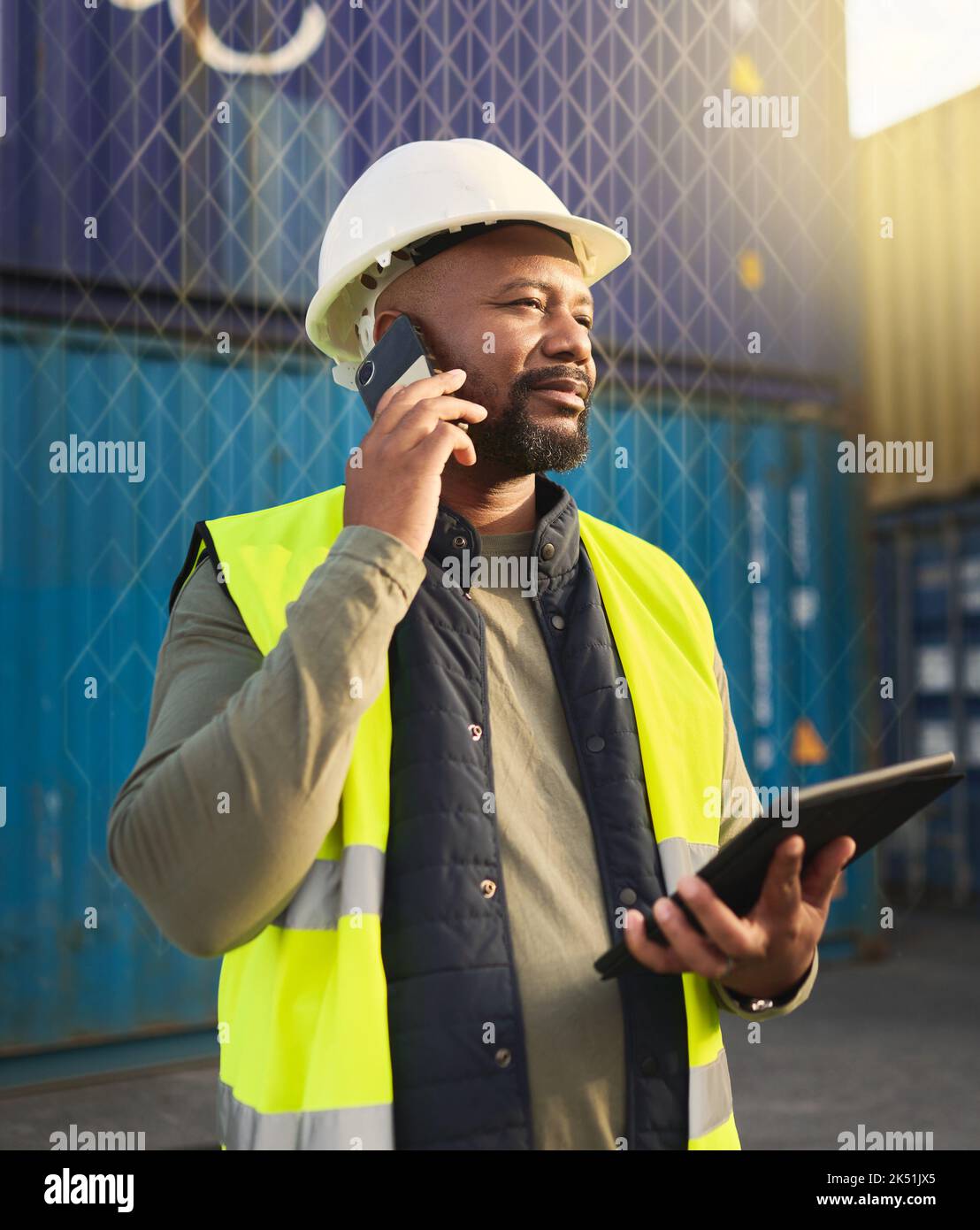 Logistics manager, phone call and tablet for shipping stock, supply