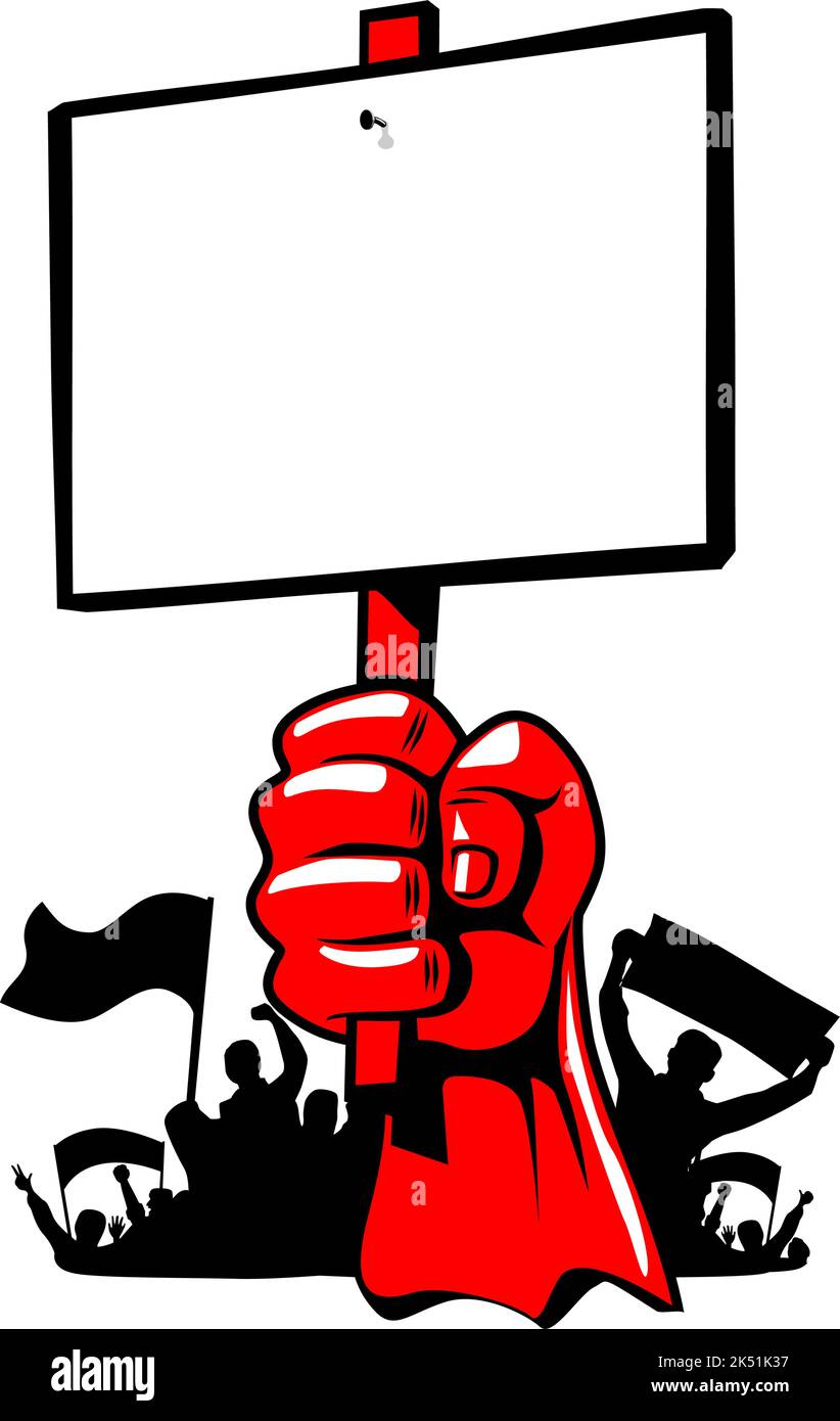 Red fist of male hand with protest poster over the crowd of rebels ...