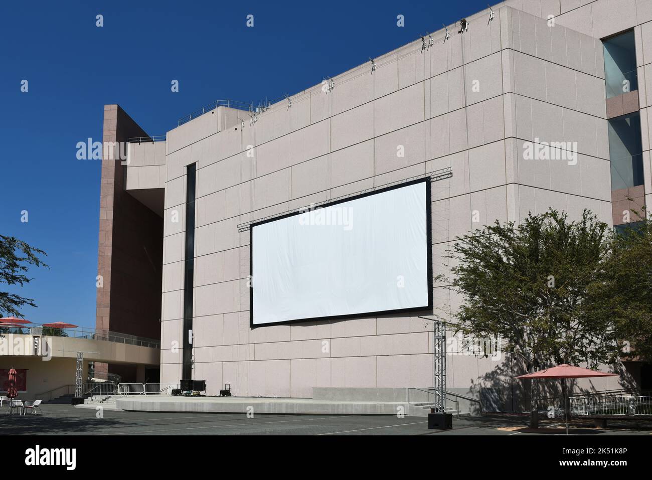 COSTA MESA, CALIFORNIA - 02 OCT 2022: Large screen for an outdoor event in The Julianne and George Argyros Plaza at the Segerstrom Center for the Arts Stock Photo