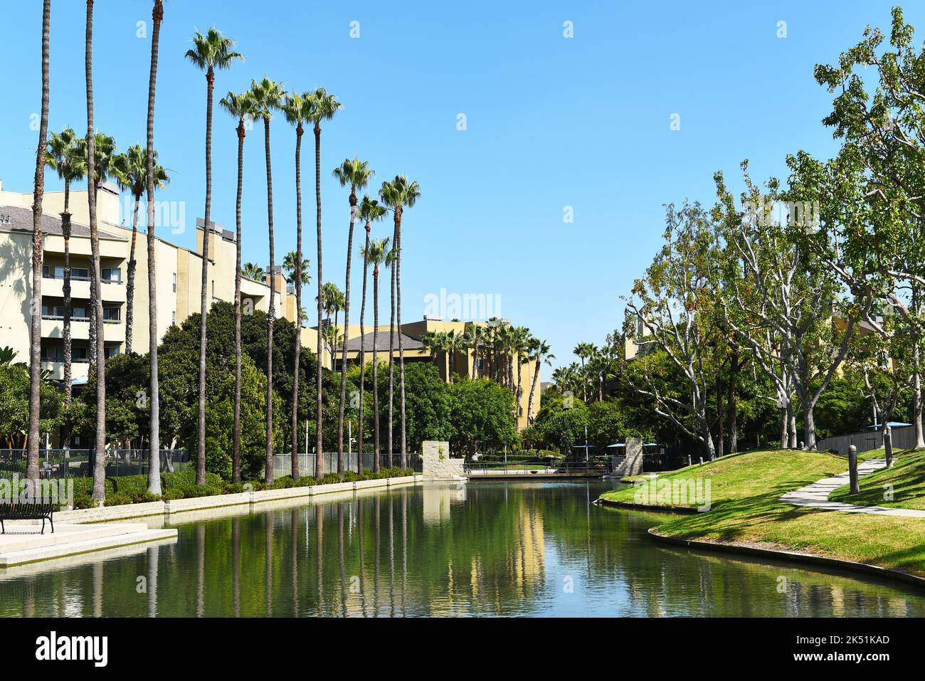 COSTA MESA, CALIFORNIA - 02 OCT 2022: Lake at the Avenue of the Arts Hotel, located in the South Coast Metro area of Orange County. Stock Photo