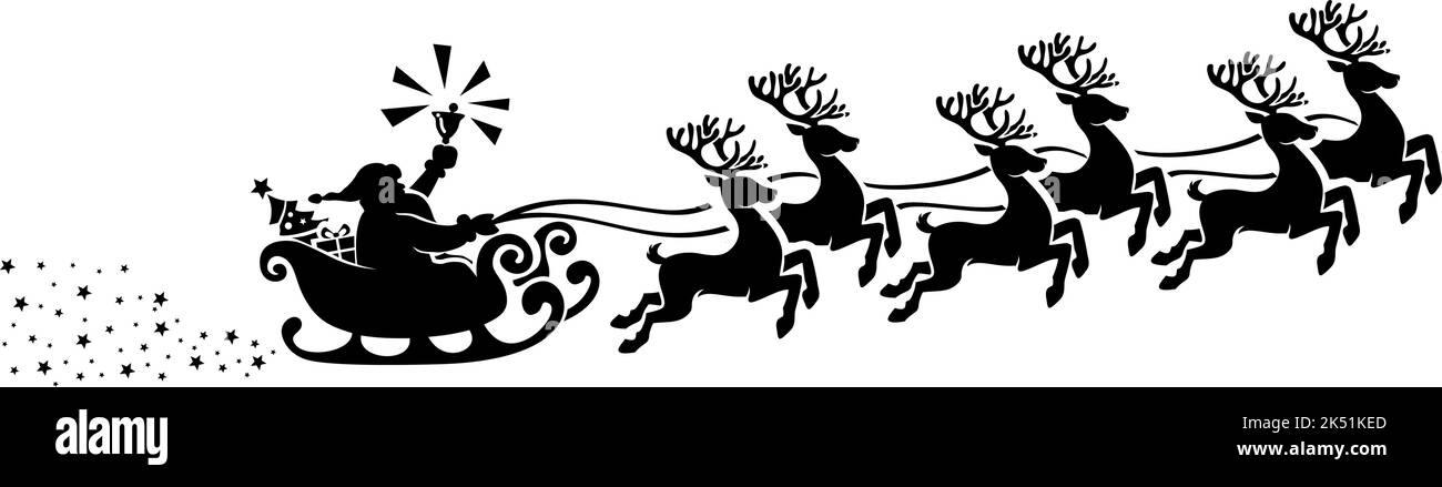 Santa Claus silhouette with bell in sleigh with reindeers full of gifts and christmas tree. Merry christmas and Happy new year decoration. Vector on t Stock Vector