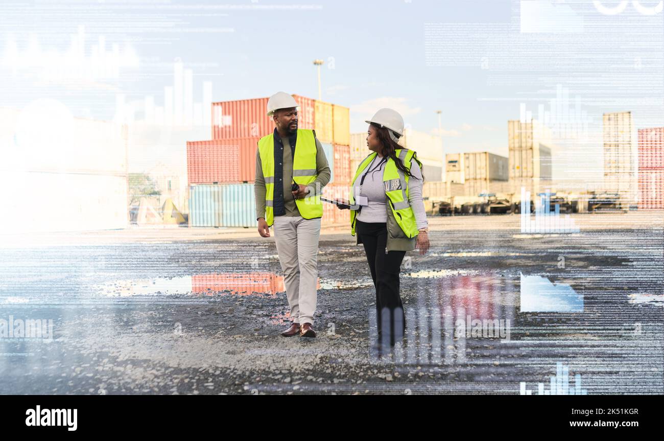 Business people, logistics and shipping, industry warehouse workers in container yard double exposure or analytics overlay. Industrial employee Stock Photo