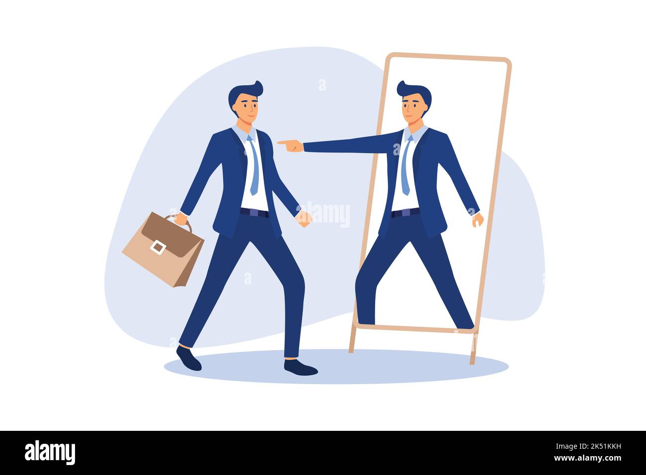 Self esteem or self care, believe in yourself improving confident, respect in your strong attitude concept, frustrated businessman looking at mirror w Stock Vector