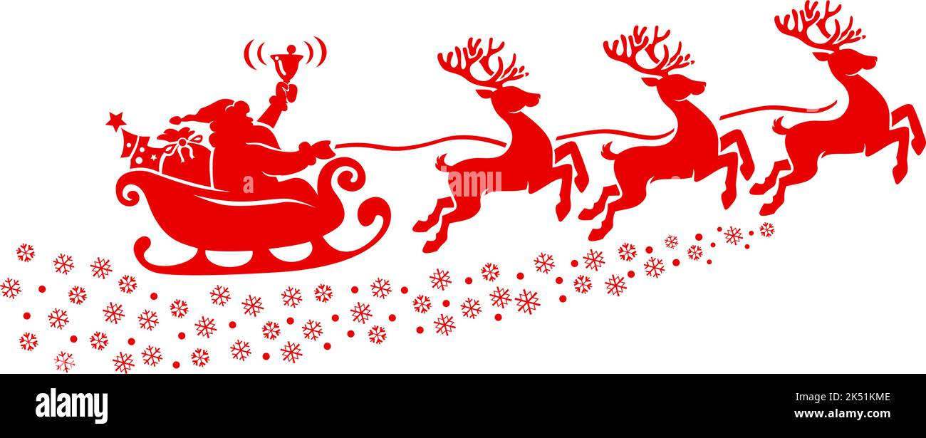 Silhouette of Santa Claus riding in a sleigh with reindeer. Vector on transparent background Stock Vector