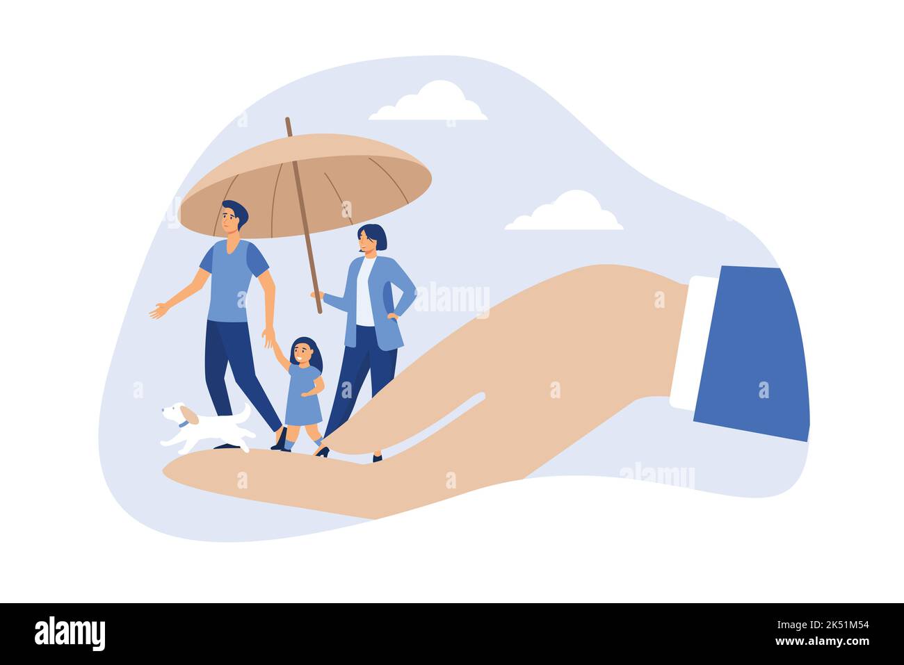 Life insurance, family protection to assure members will be financially supported and risk cover concept, lovely family with husband, wife and kids in Stock Vector