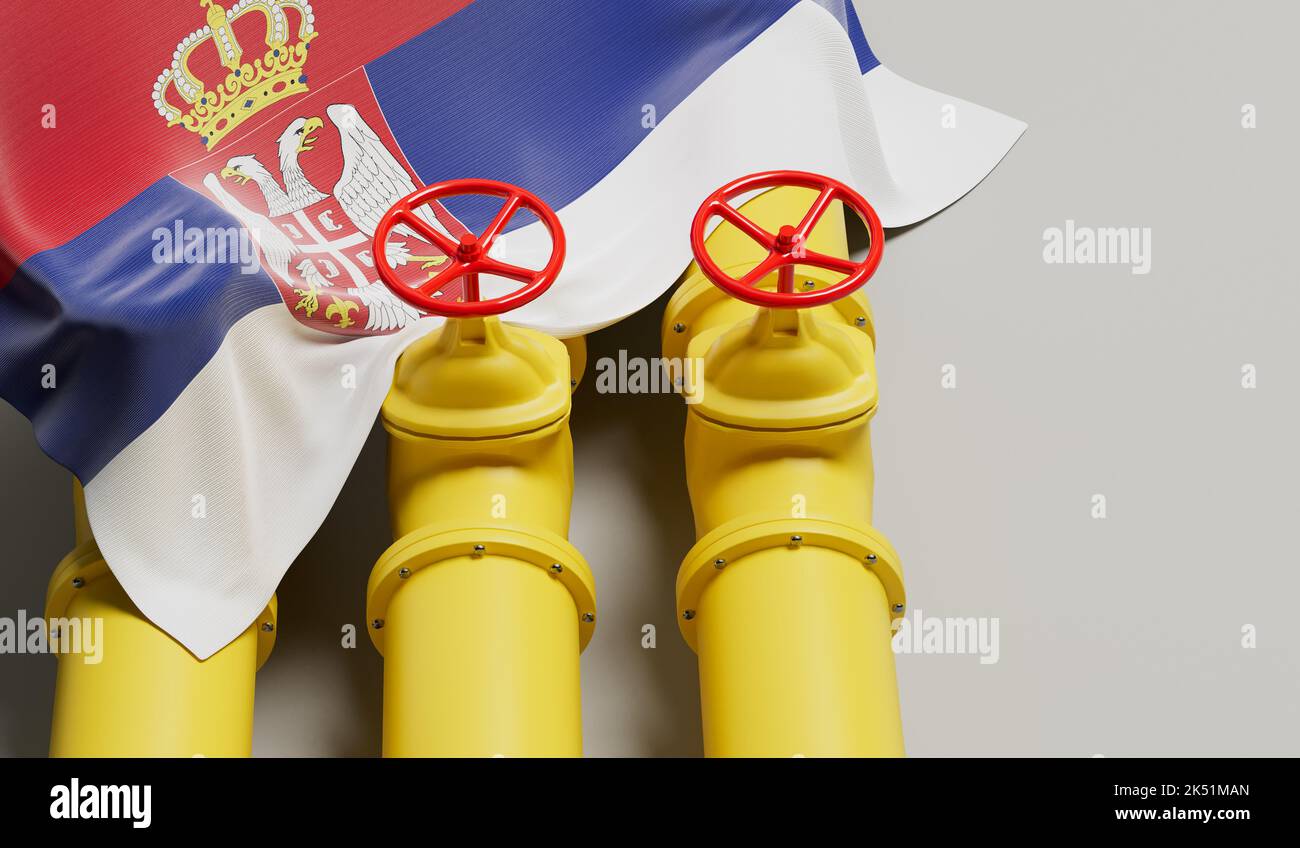 Serbia flag covering an oil and gas fuel pipe line. Oil industry concept. 3D Rendering Stock Photo