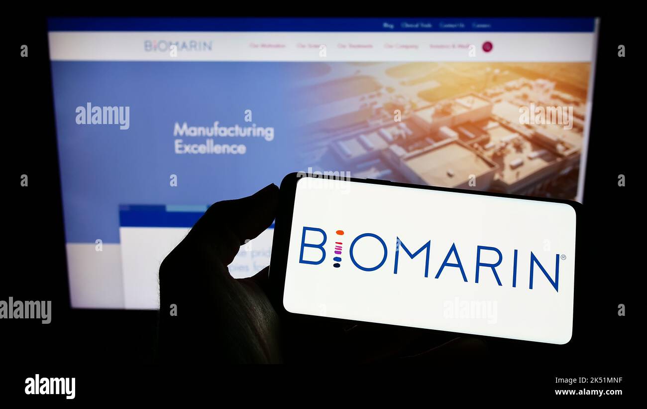 Person holding cellphone with logo of US company BioMarin Pharmaceutical Inc. on screen in front of business webpage. Focus on phone display. Stock Photo