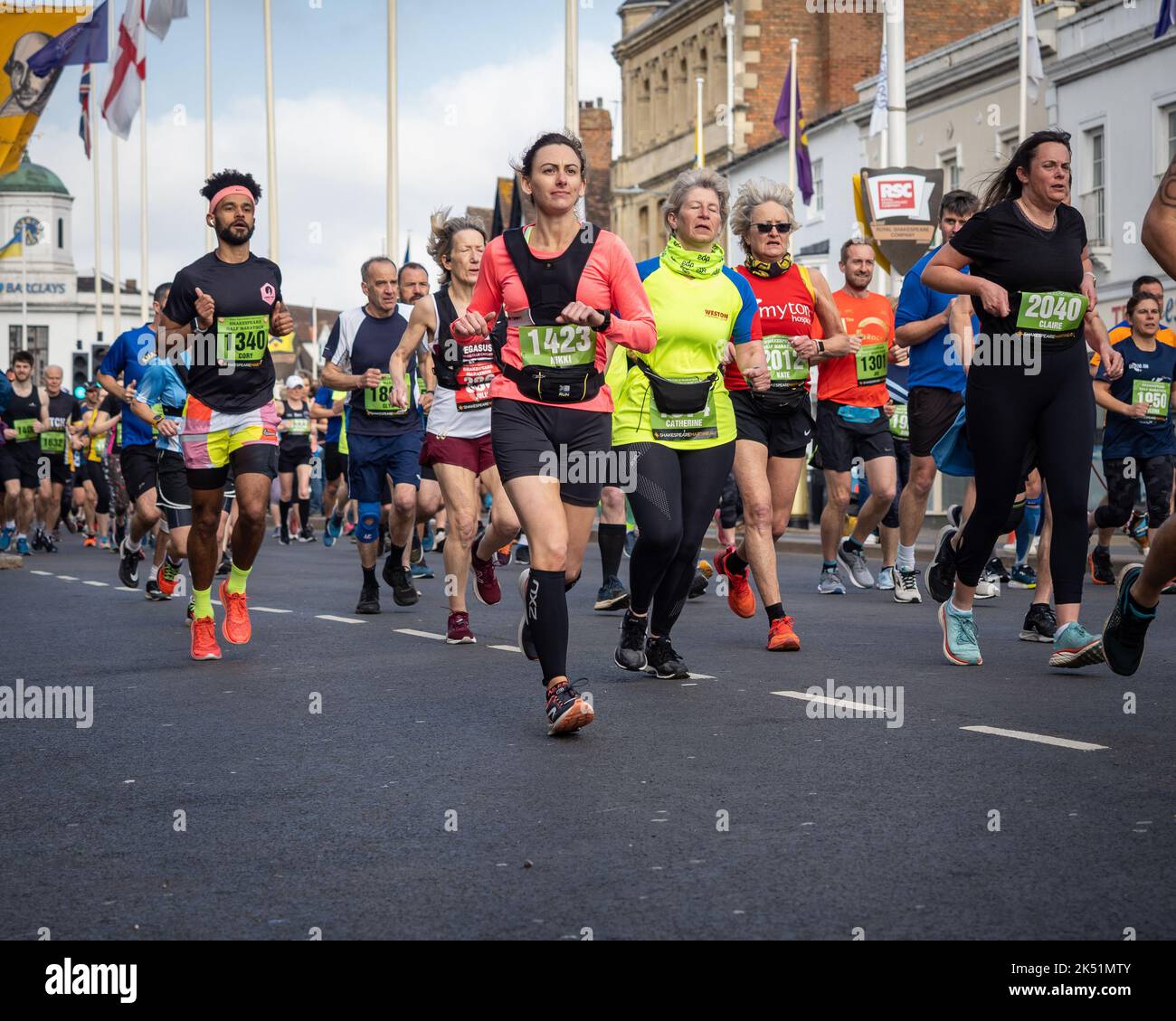 Shakespeare Marathon and Half Marathon. Runners setting off in the centre of Stratford upon Avon. Stock Photo
