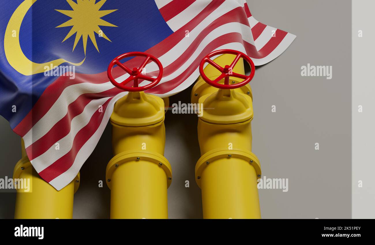Malaysia flag covering an oil and gas fuel pipe line. Oil industry concept. 3D Rendering Stock Photo