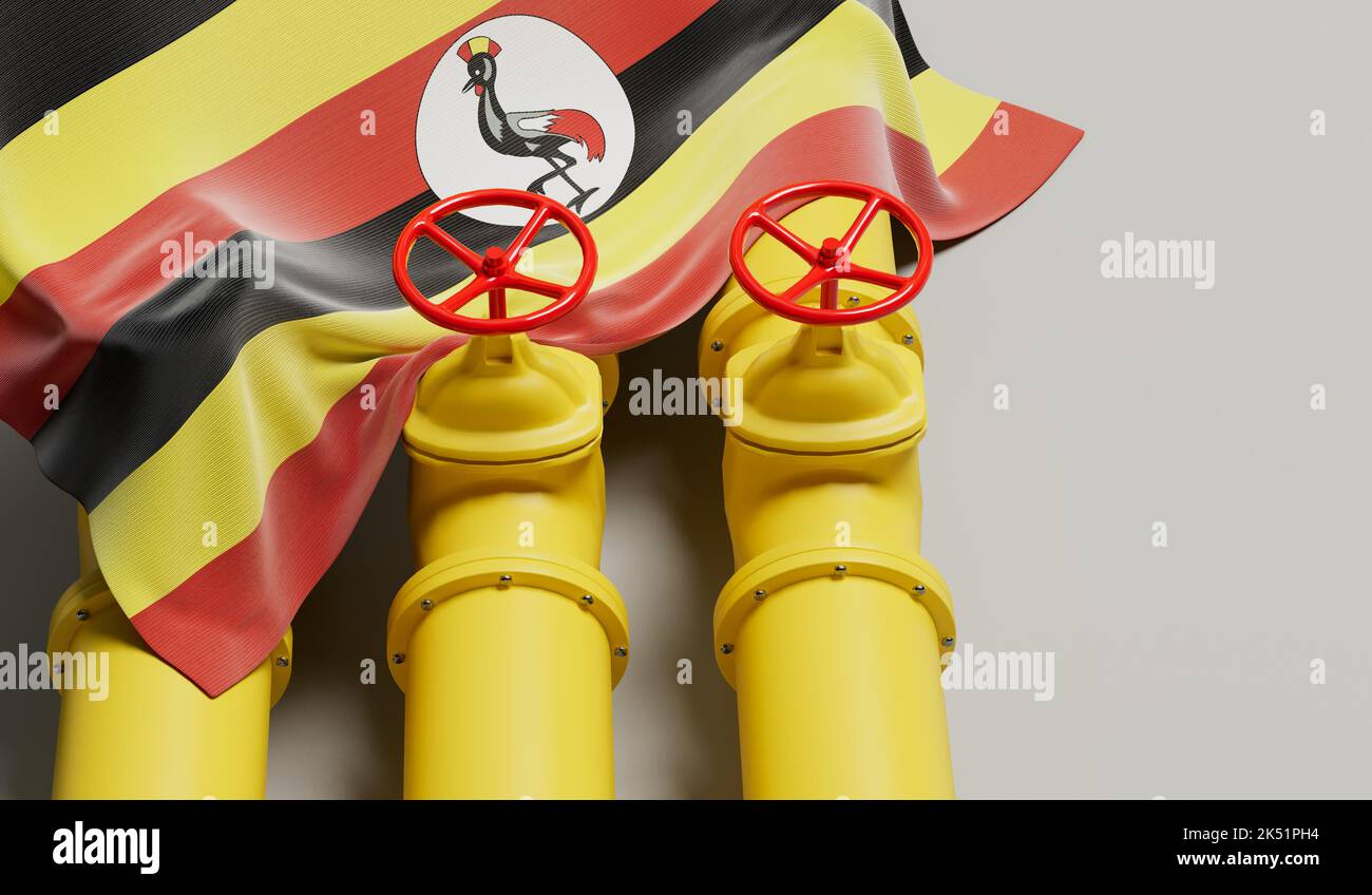 Uganda flag covering an oil and gas fuel pipe line. Oil industry concept. 3D Rendering Stock Photo